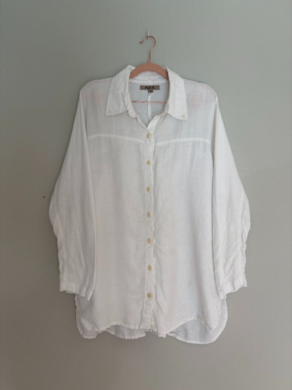 FLAX | White Linen Button-Front Collared Long-Sleeved Button-Down Shirt Small